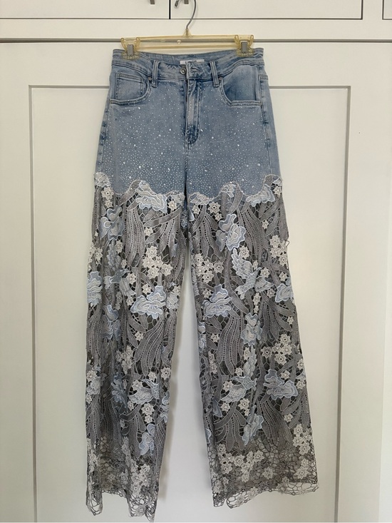 Bayeas Denim - Bayeas Light Blue Denim Wide-Leg Jeans with Lace Overlay, Sz 28